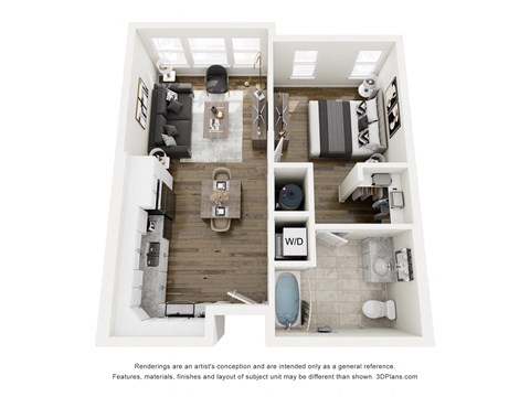 Floor plan for 1 bed, 1 bath, 630 sqft